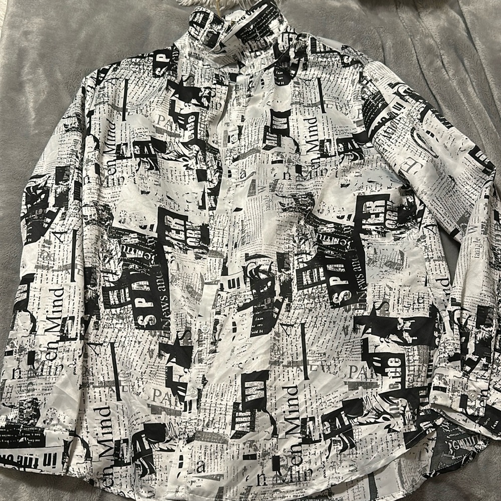 Windsor satin newspaper print button-down shirt